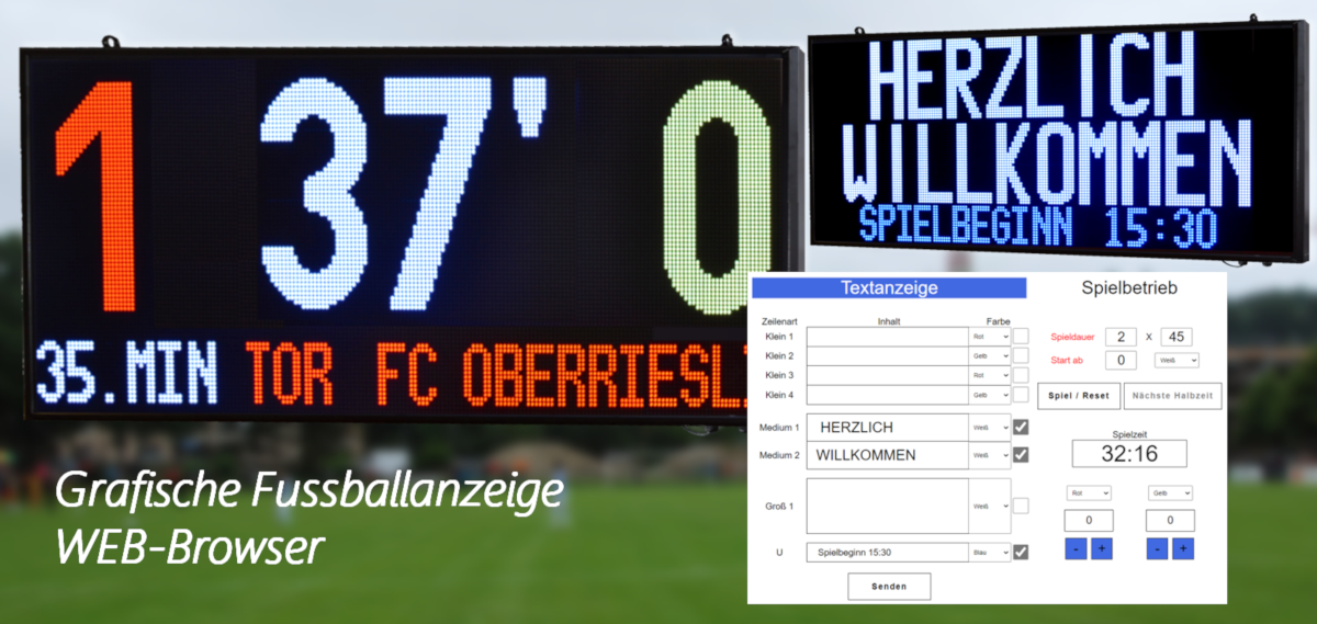 LED Fußballanzeige grafisch, Zeichenhöhe bis 500 mm, Outdoor, Funksteuerung, WEB-Browser